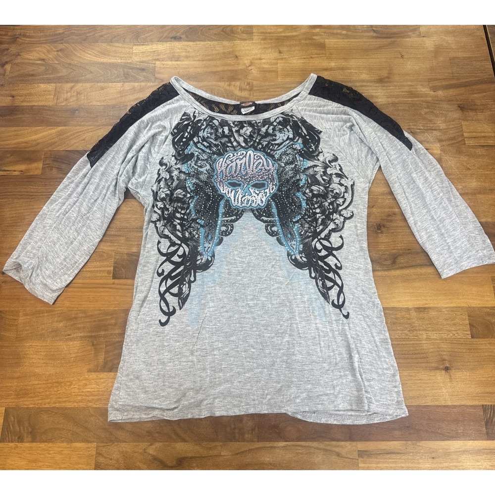 HARLEY DAVIDSON Crystals Ladies BLING & CRYSTAL Shirt Long Sleeve LACE XL A00013